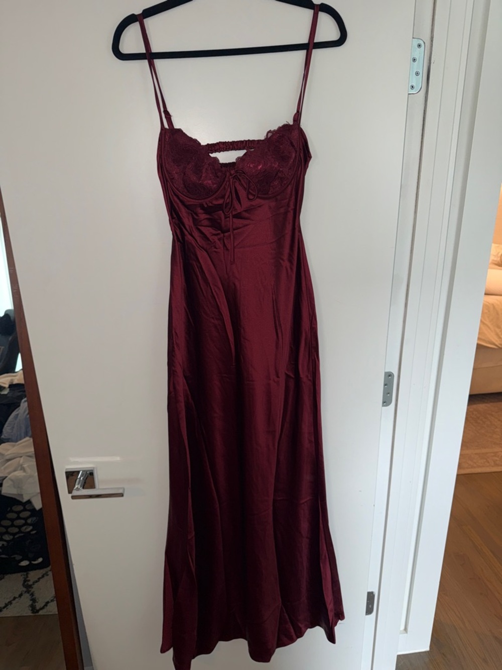 Princess Polly Burgundy Satin Midi Dress with Lace Bodice